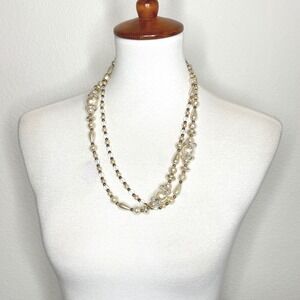 Vintage Faux Pearl Long Necklace Gold Colored Beads‎